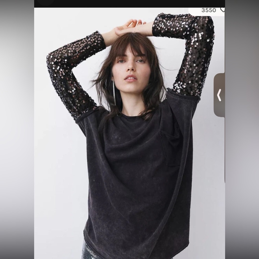NWOT • Free People Sequin Sleeve Black Top